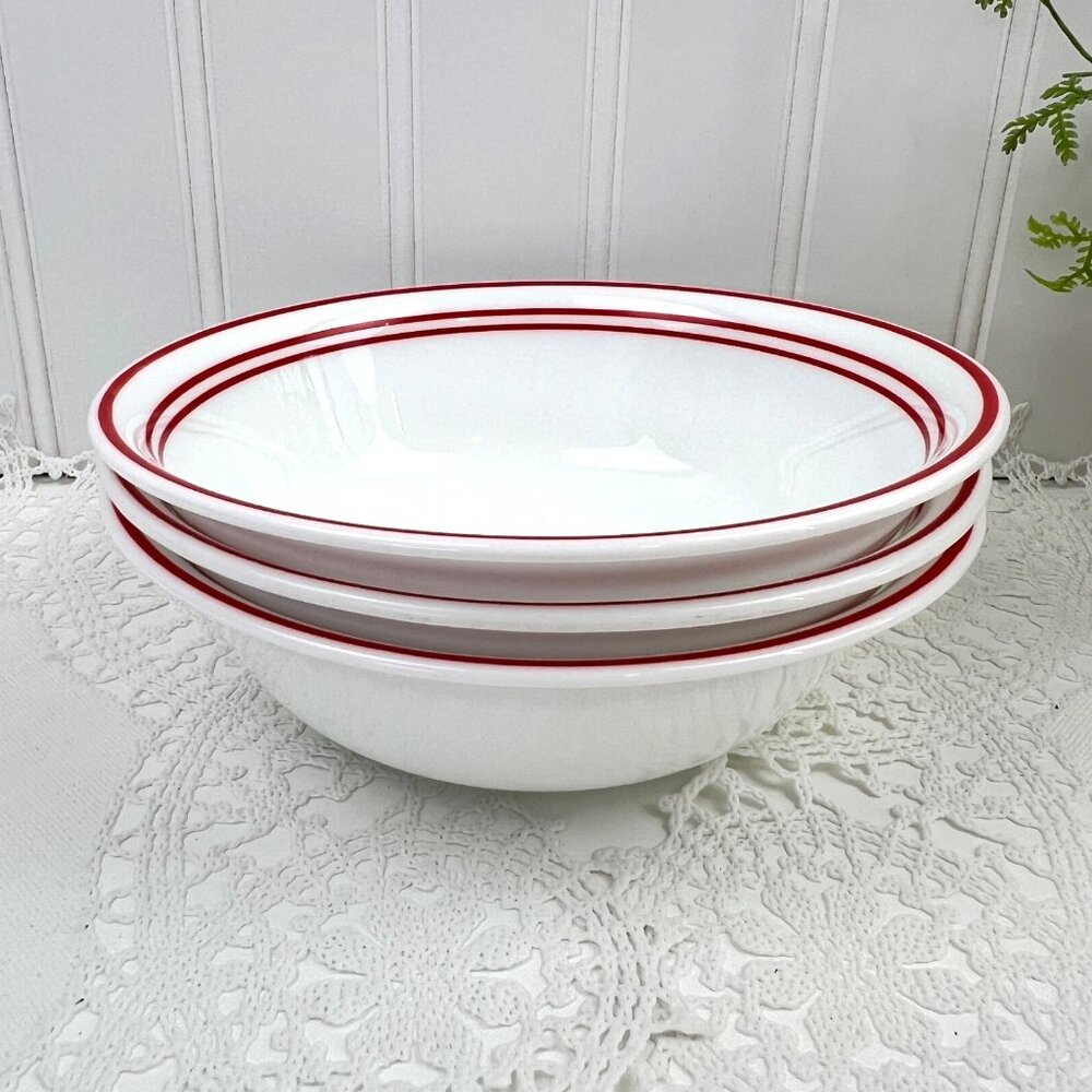 Corelle Vitrelle 3 Coupe Cereal Soup BowlsC lassic Cafe Red White Red Band Edge - Picture 5 of 10